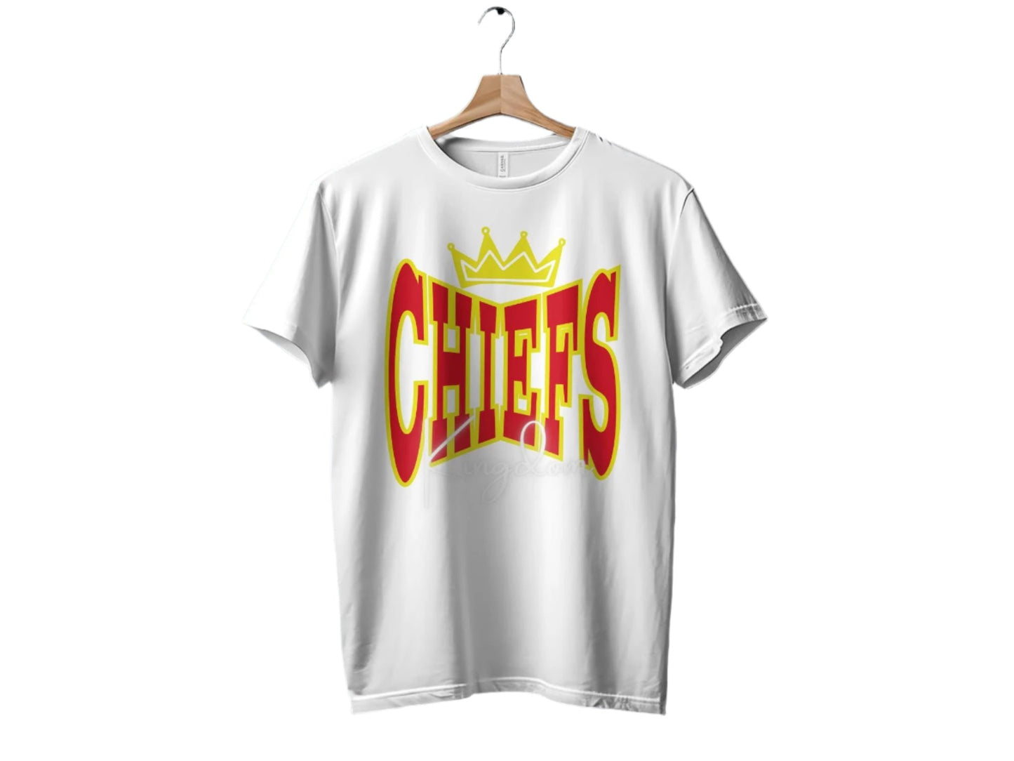 Chiefs Kingdom T-Shirt, Bold Graphic Print Tee, Novelty Shirt, Red and Yellow Crown Design, Statement Sportswear Top