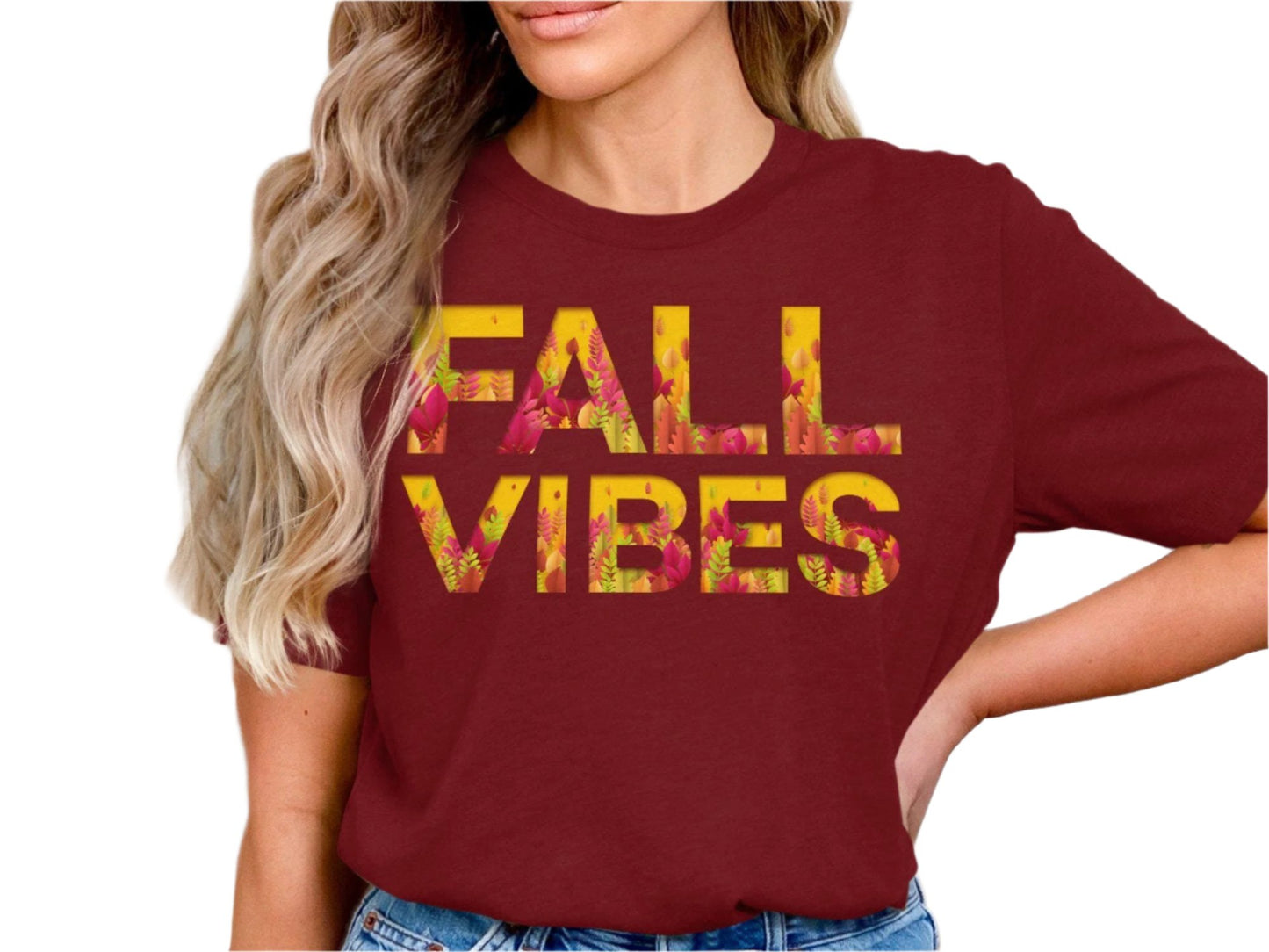 Fall Vibes T-Shirt Autumn Graphic Tees Colorful Autumn Leaves Printed Shirt Seasonal Fall Theme Shirt Fall Fashion Outfit