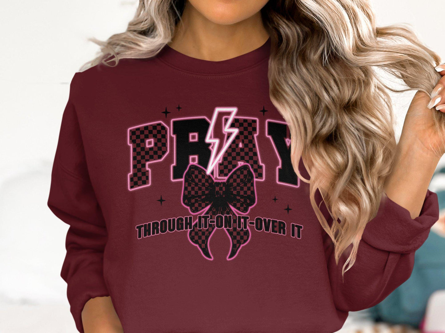 Graphic Tee Shirt Pray Through It On It Over It Bow Lightning Design Trendy Casual Top Inspirational Quote TShirt Gift Idea