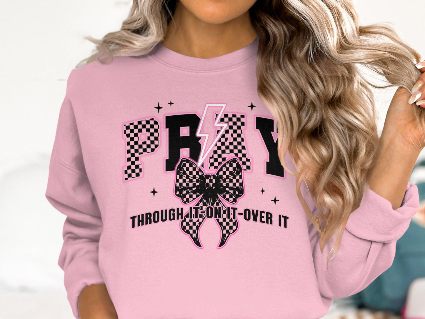 Graphic Tee Shirt Pray Through It On It Over It Bow Lightning Design Trendy Casual Top Inspirational Quote TShirt Gift Idea