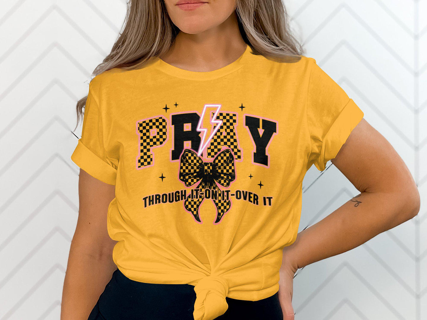 Graphic Tee Shirt Pray Through It On It Over It Bow Lightning Design Trendy Casual Top Inspirational Quote TShirt Gift Idea