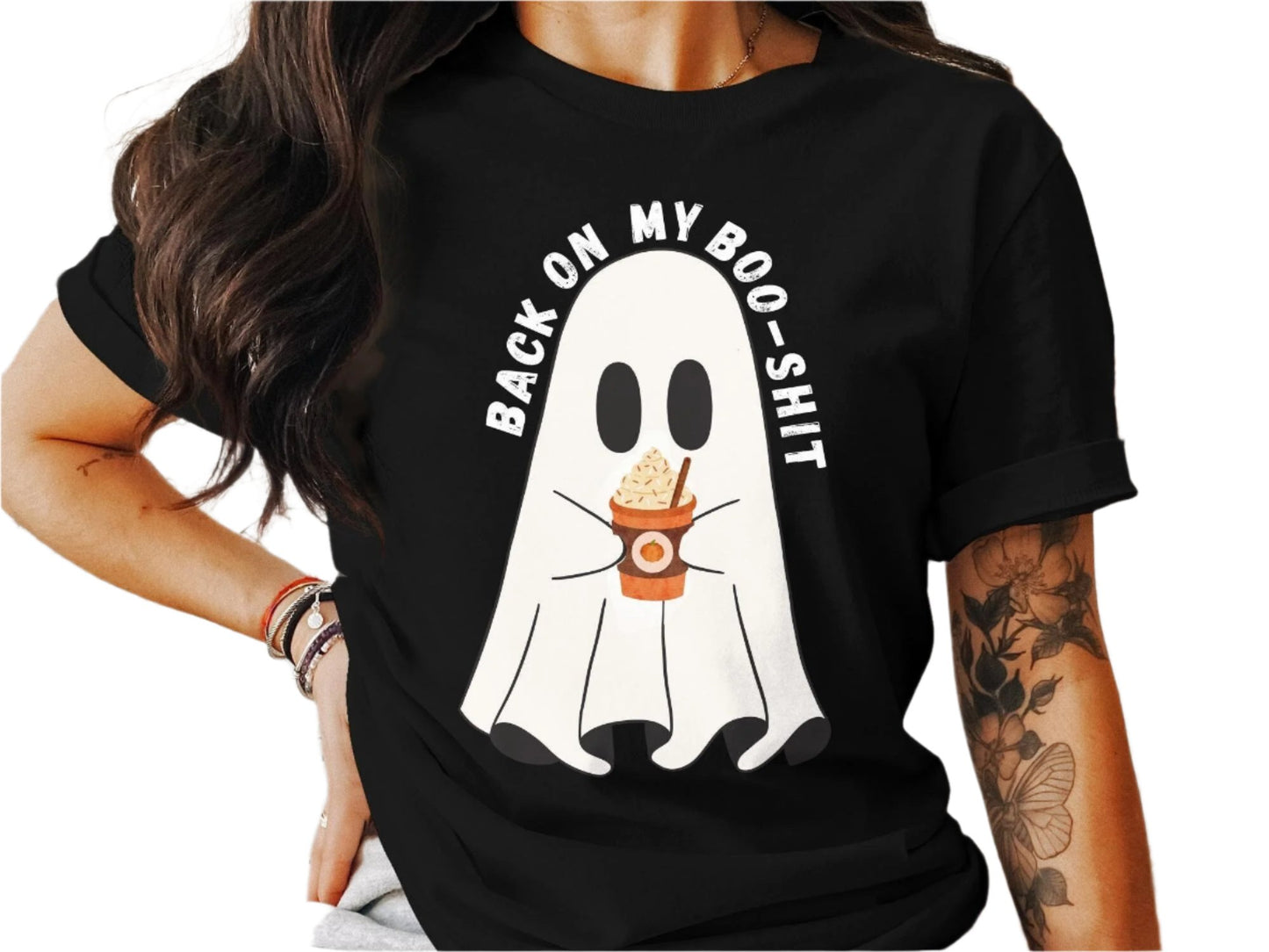 Ghost Drinking Coffee Funny Halloween Shirt, Ghost Back On My Boo Shit T-Shirt, Cute Spooky Graphic Tee, Halloween Party Shirt