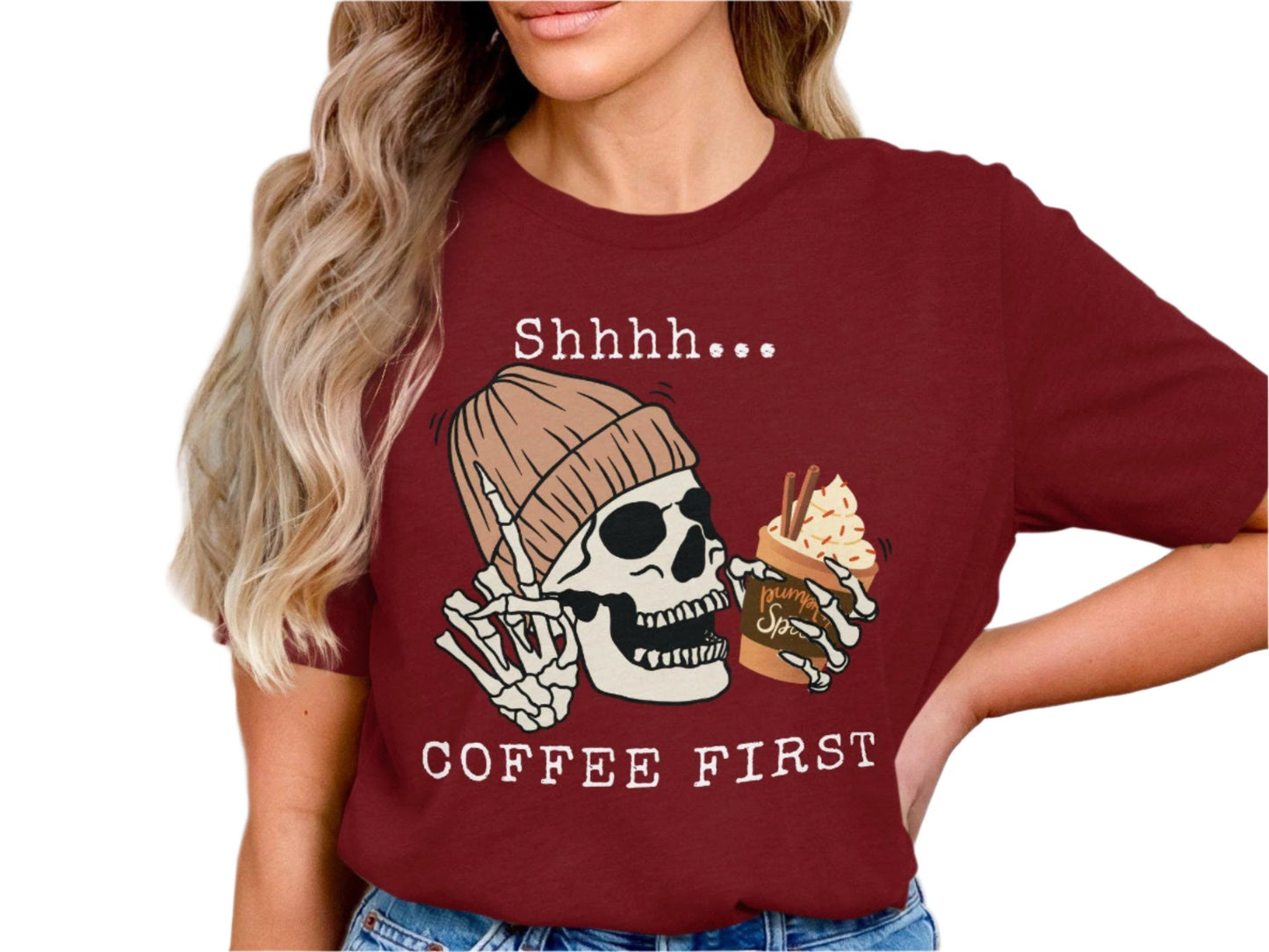 Funny Skeleton Drinking Pumpkin Spice Latte T-Shirt, Halloween Graphic Tee for Coffee Lovers, Fall Season Unisex Shirt, Cute Skeleton