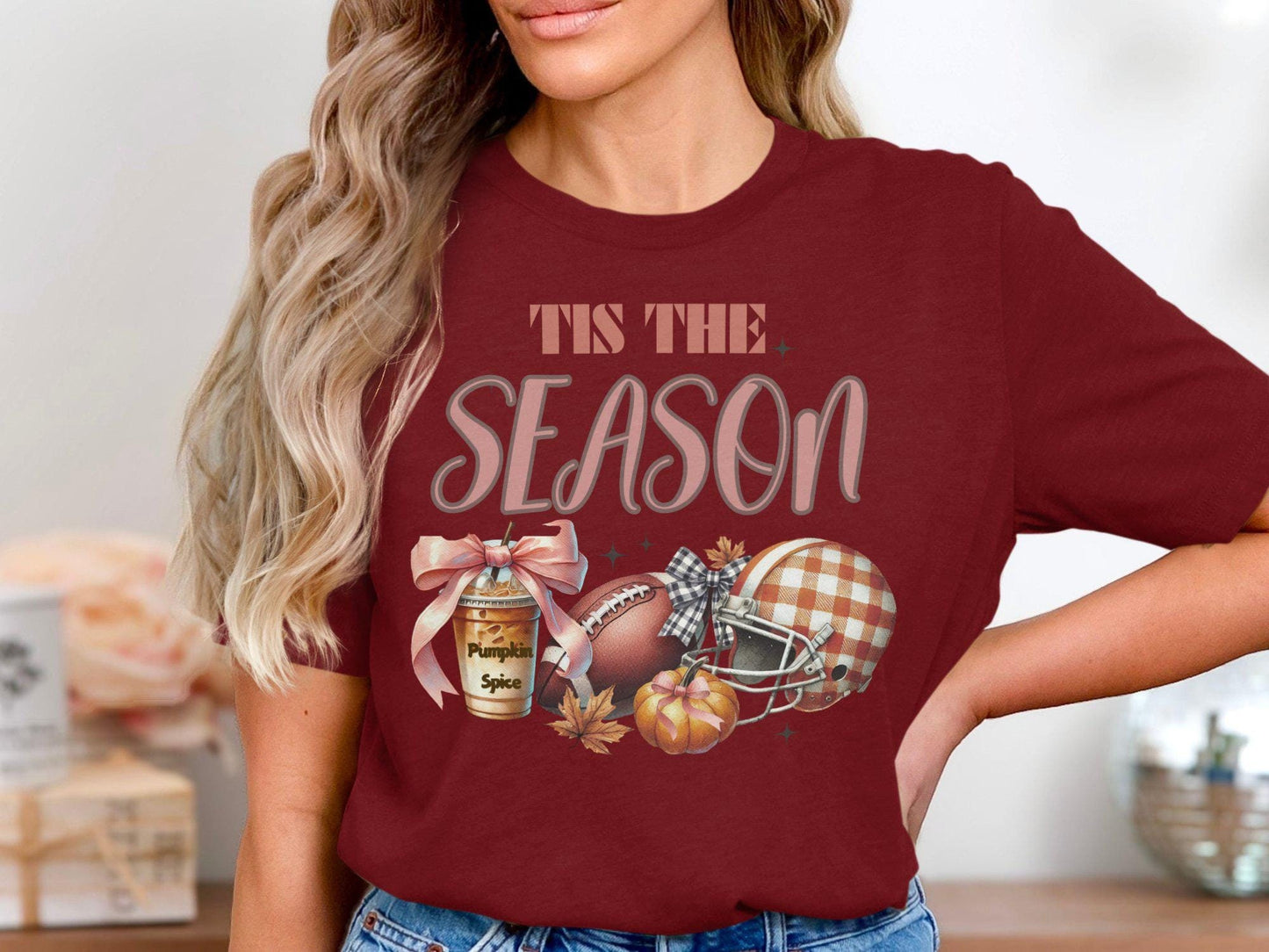 Cute Fall Football and Pumpkin Spice Tis The Season Graphic Tee, Cozy Autumn Shirt, Trendy Fall Tee, Perfect For Fall Lovers