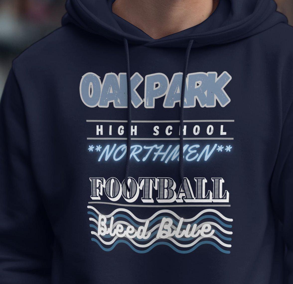 OAK PARK High School T-Shirt, Northmen Spirit Wear, Bleed Blue, School Pride Tee, Sports Team Shirt, Student Apparel, Blue and White
