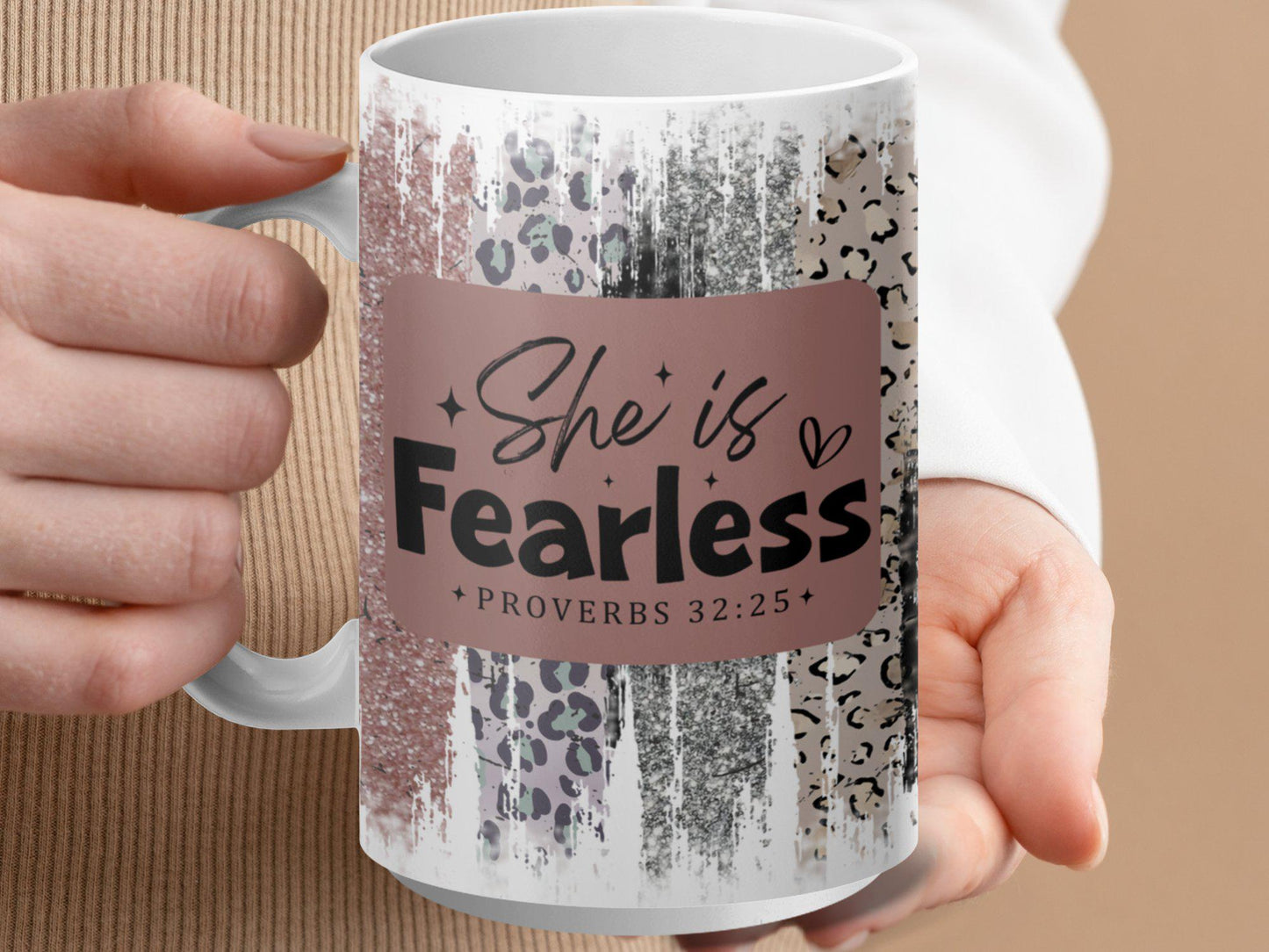 She is Fearless Mug Inspirational Quote Proverbs 32 25 Motivational Coffee Cup Leopard Print Pattern Gift for Women