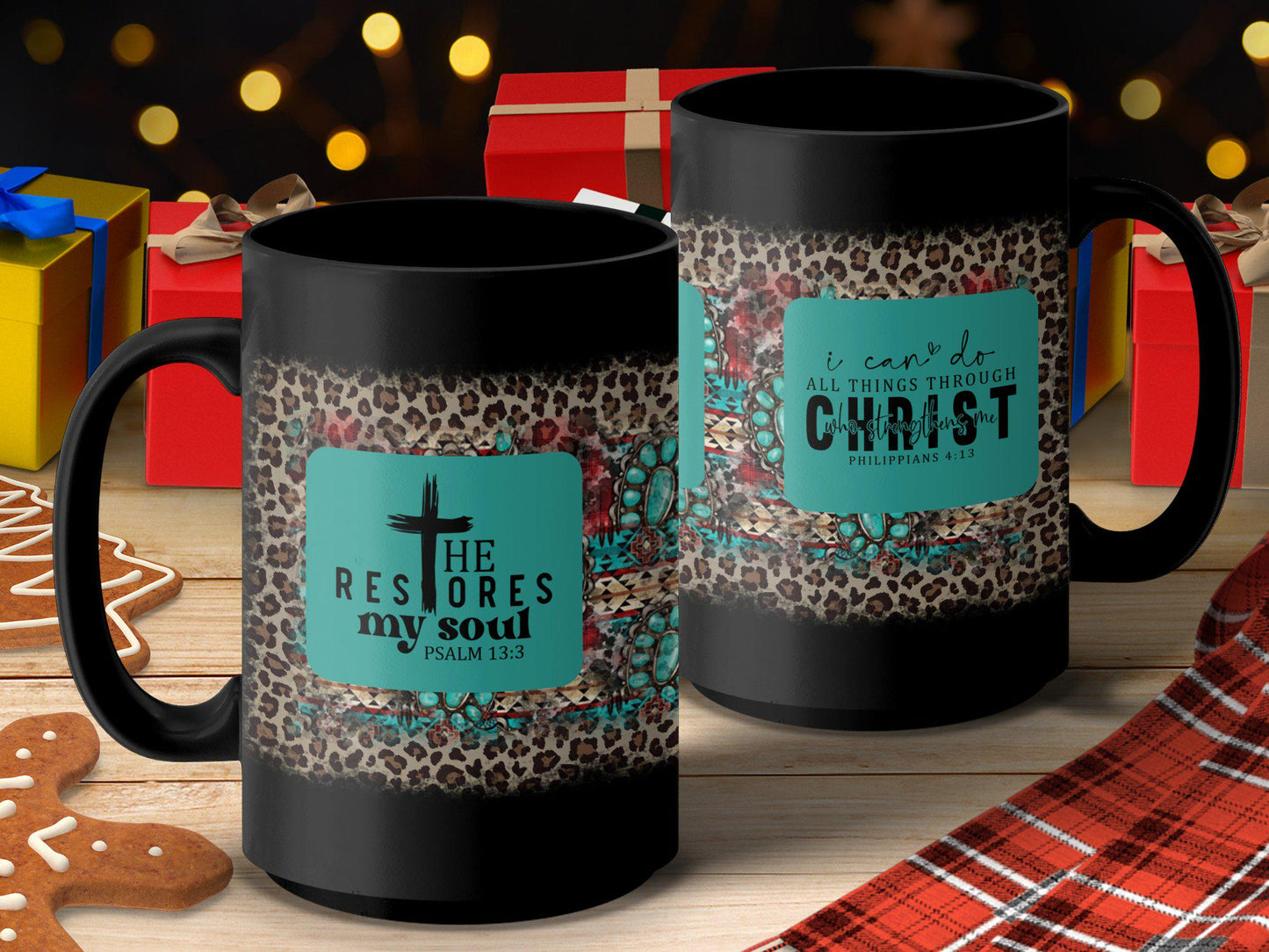 Christian Bible Verse Mug, Inspirational Coffee Cup, Psalm 13 3, Philippians 4 13, Goat God Over All Things, Leopard Print