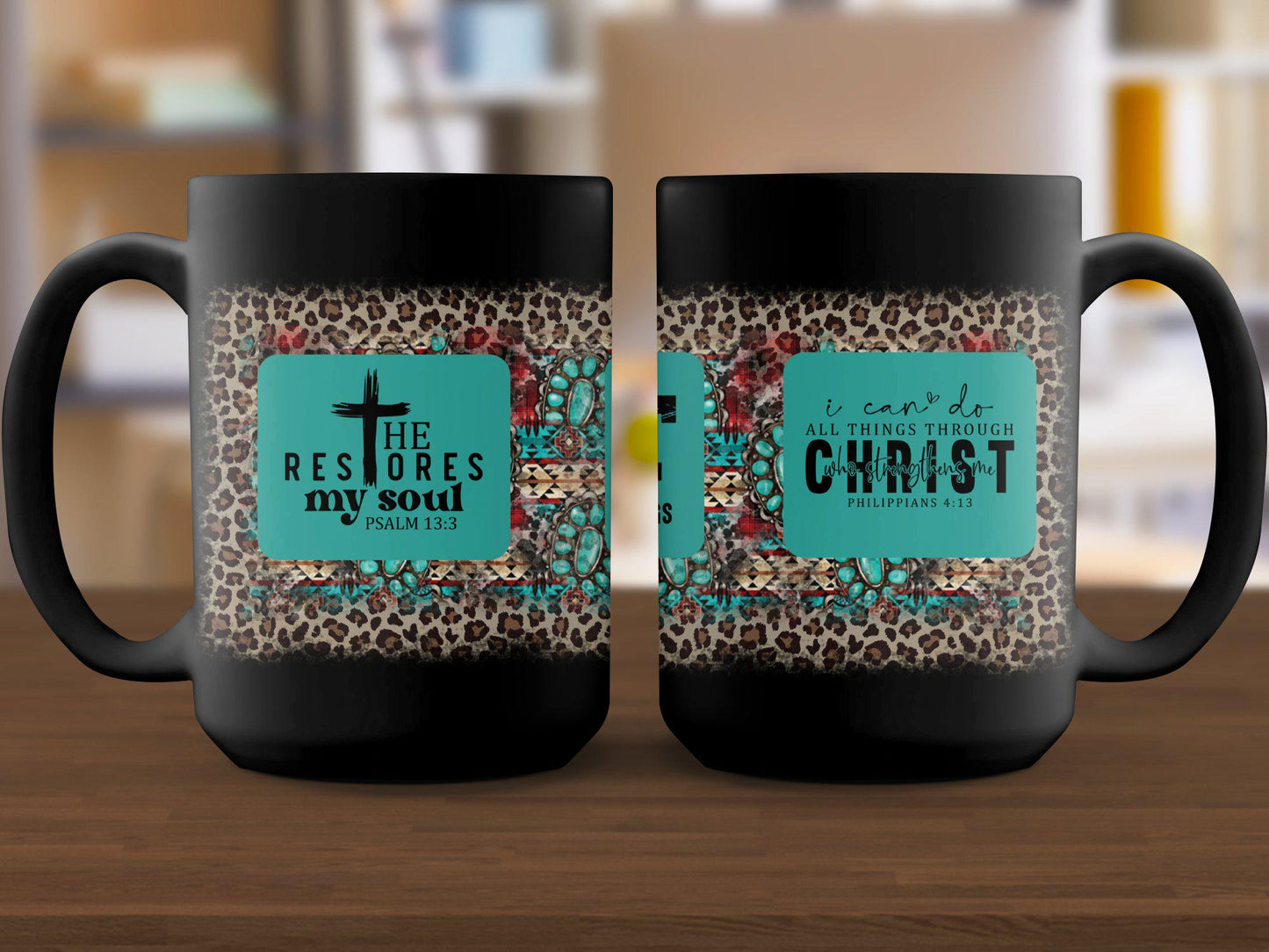 Christian Bible Verse Mug, Inspirational Coffee Cup, Psalm 13 3, Philippians 4 13, Goat God Over All Things, Leopard Print