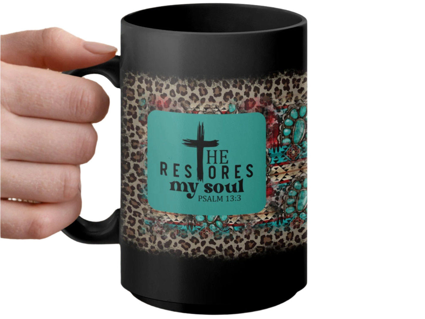 Christian Bible Verse Mug, Inspirational Coffee Cup, Psalm 13 3, Philippians 4 13, Goat God Over All Things, Leopard Print