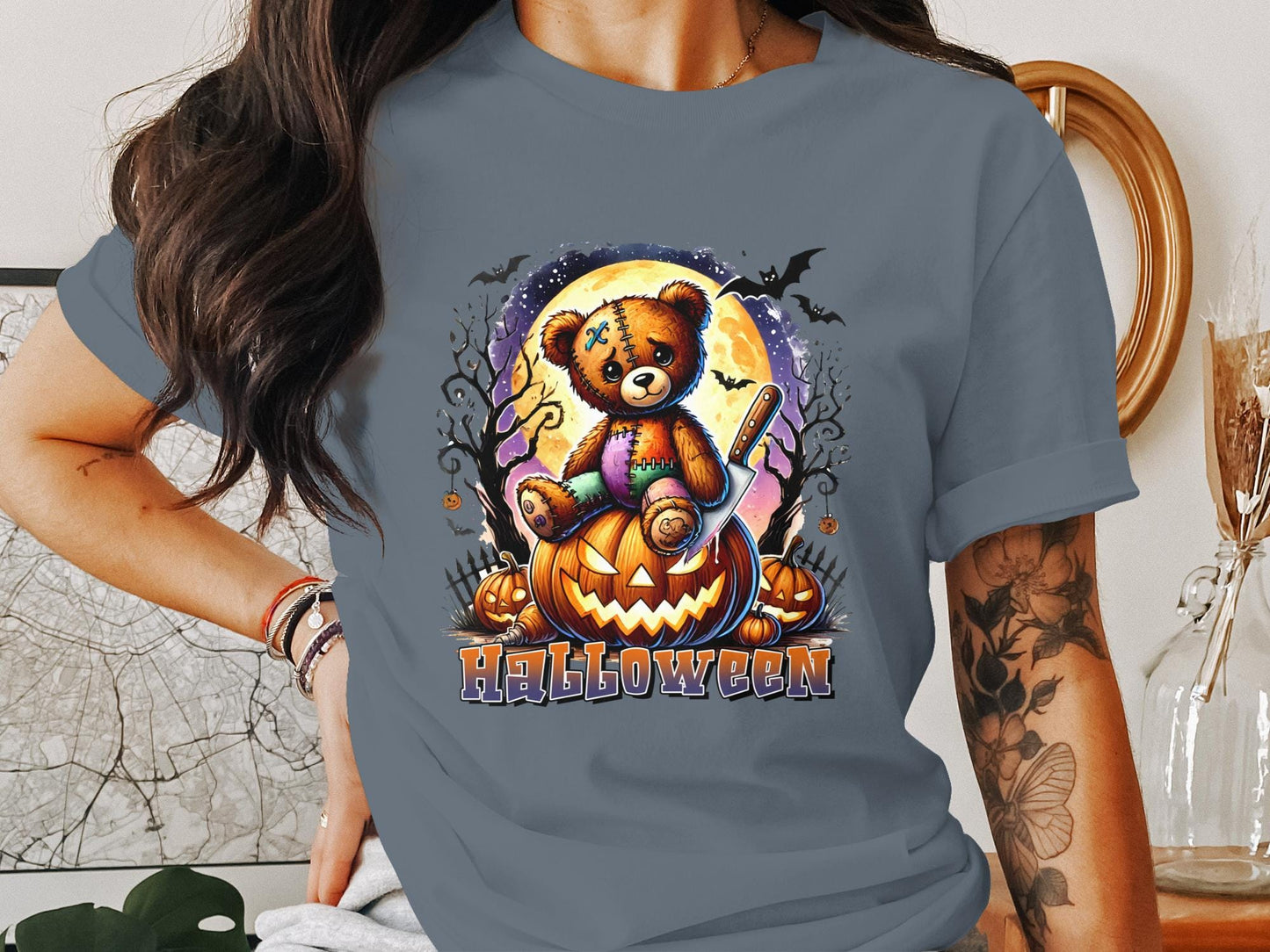 Halloween Teddy Bear Shirt, Cute Scary Teddy Graphic Tee, Horror Pumpkin Design, Halloween Outfit, Spooky Fall Apparel Gift