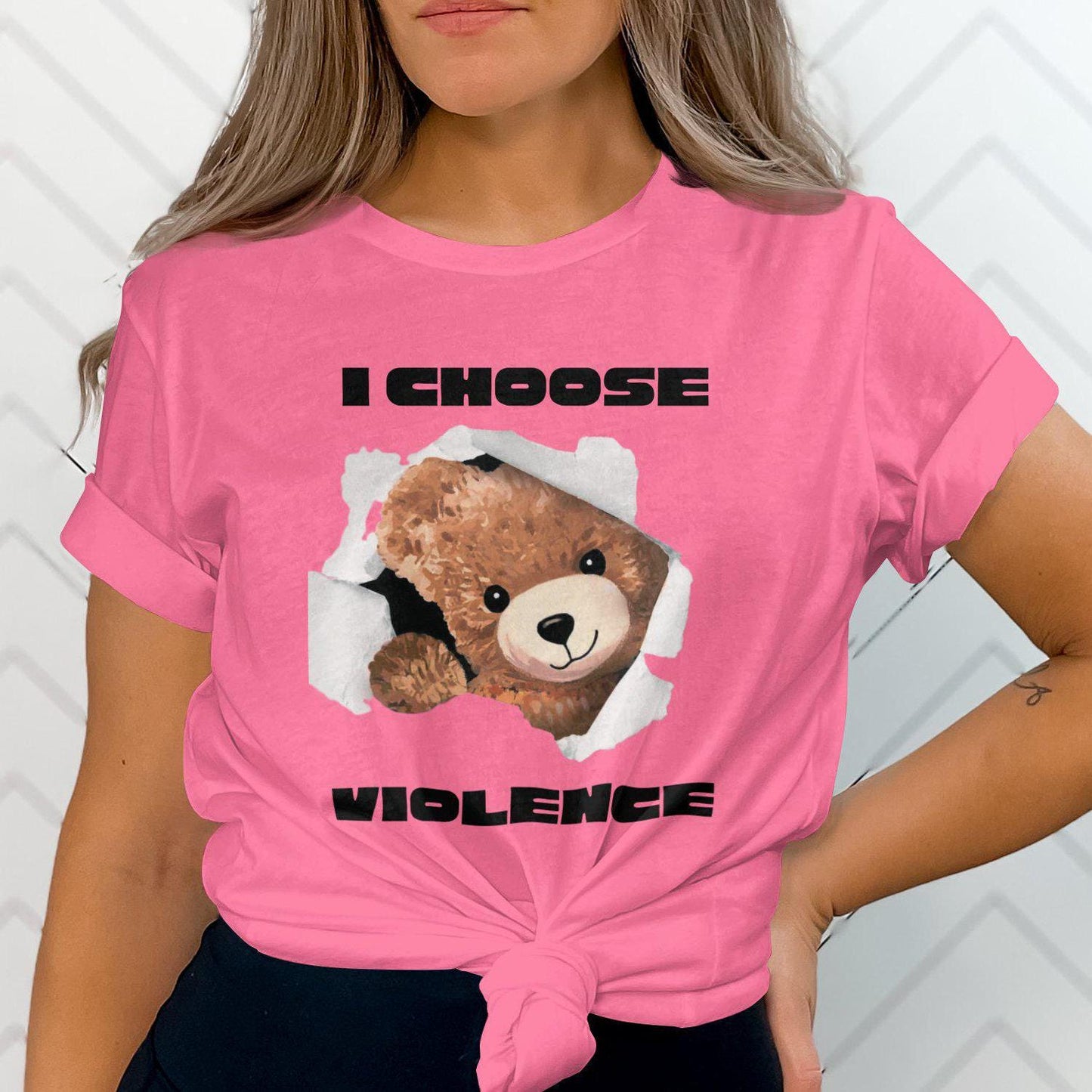 Cute Teddy Bear T-Shirt, Funny Breaking Through Print, I Choose Violence Humor Tee, Unique Graphic Shirt, Gift for Friends