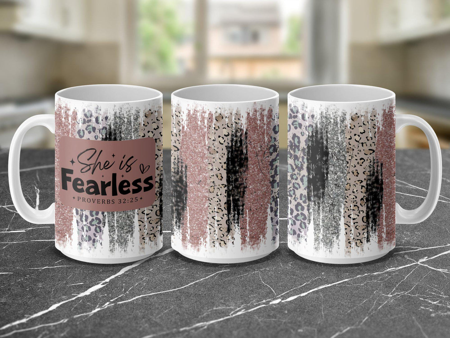 She is Fearless Mug Inspirational Quote Proverbs 32 25 Motivational Coffee Cup Leopard Print Pattern Gift for Women