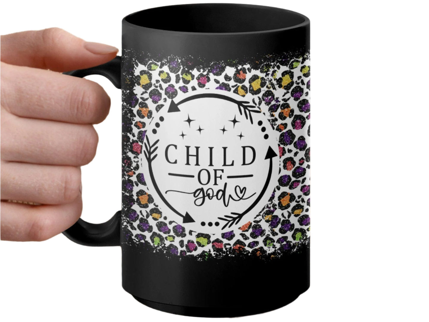 Child of God Mug, Colorful Leopard Print Coffee Cup, Inspirational Quote Mug, Unique Gift for Christians, Faith Themed Cup