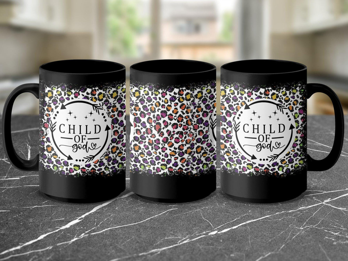 Child of God Mug, Colorful Leopard Print Coffee Cup, Inspirational Quote Mug, Unique Gift for Christians, Faith Themed Cup