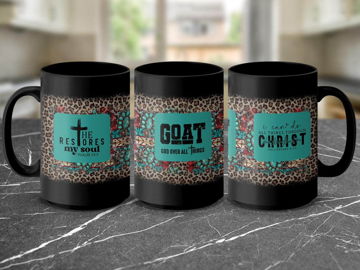 Christian Bible Verse Mug, Inspirational Coffee Cup, Psalm 13 3, Philippians 4 13, Goat God Over All Things, Leopard Print