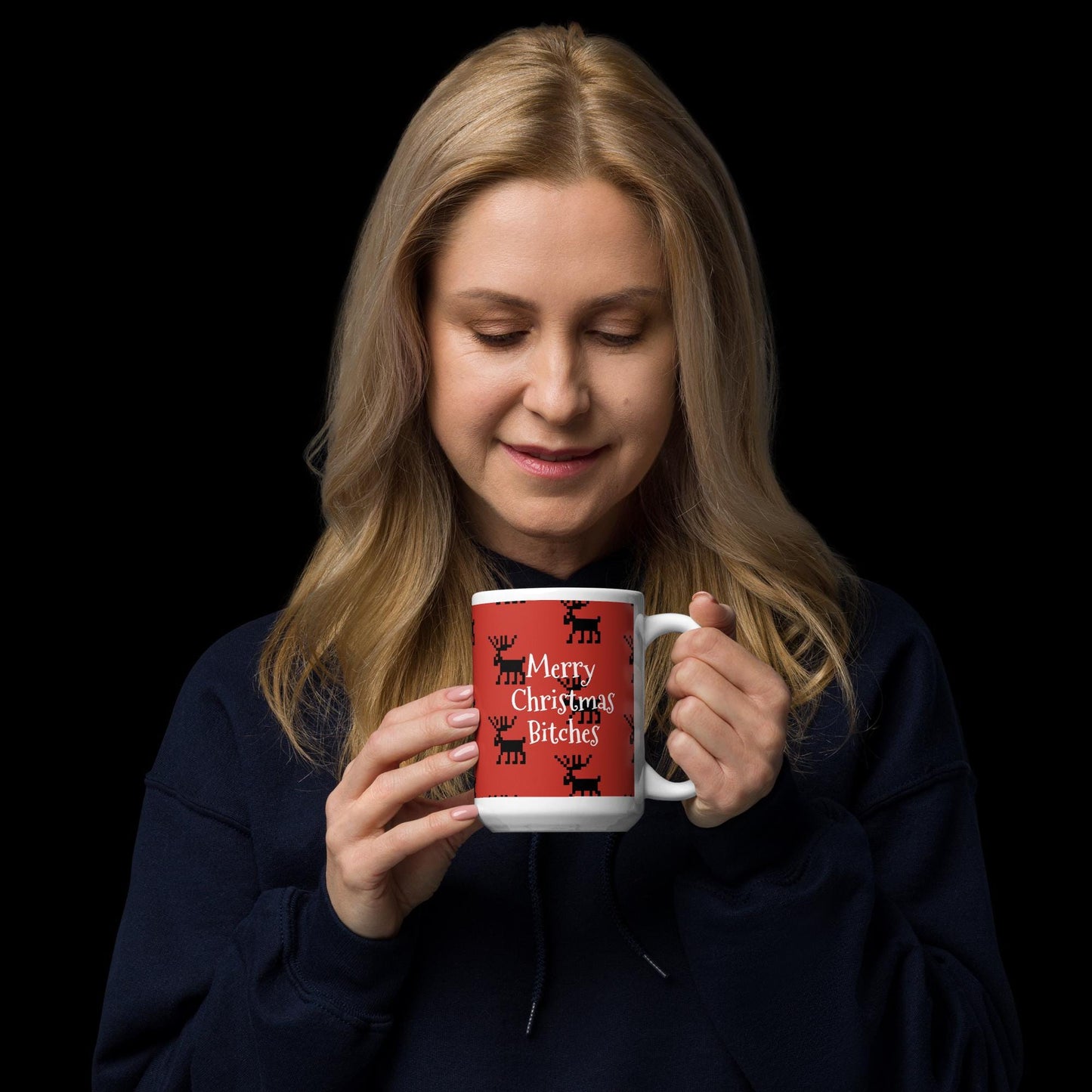 Merry Christmas Bitches| Funny Reindeer White glossy mug