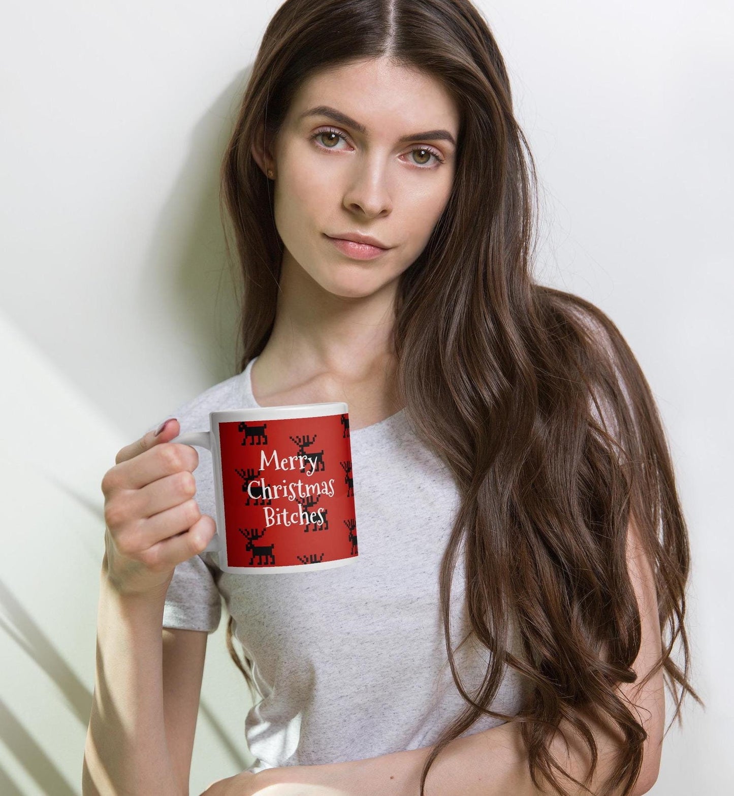Merry Christmas Bitches| Funny Reindeer White glossy mug