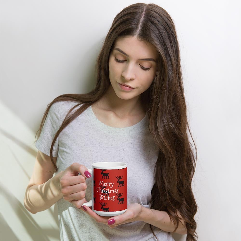 Merry Christmas Bitches| Funny Reindeer White glossy mug