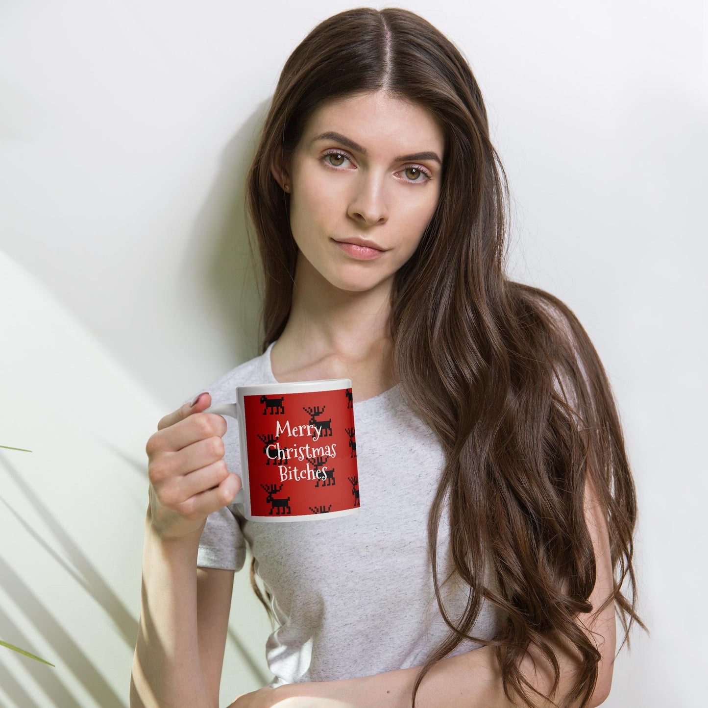 Merry Christmas Bitches| Funny Reindeer White glossy mug
