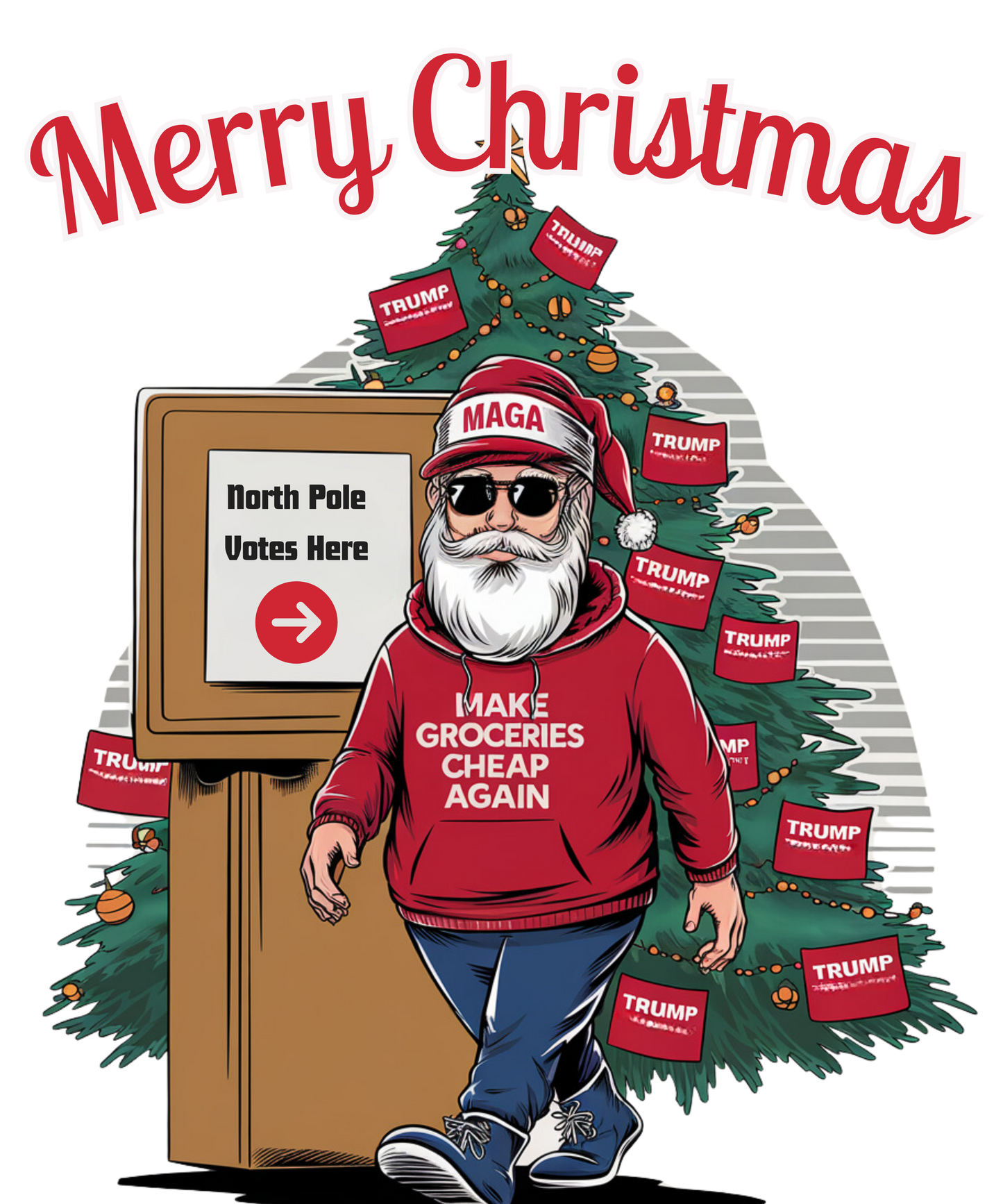 Funny Christmas Santa Sweatshirt, North Pole Votes Holiday Hoodie, Make Groceries Cheap Again, Trump Election Xmas Shirt