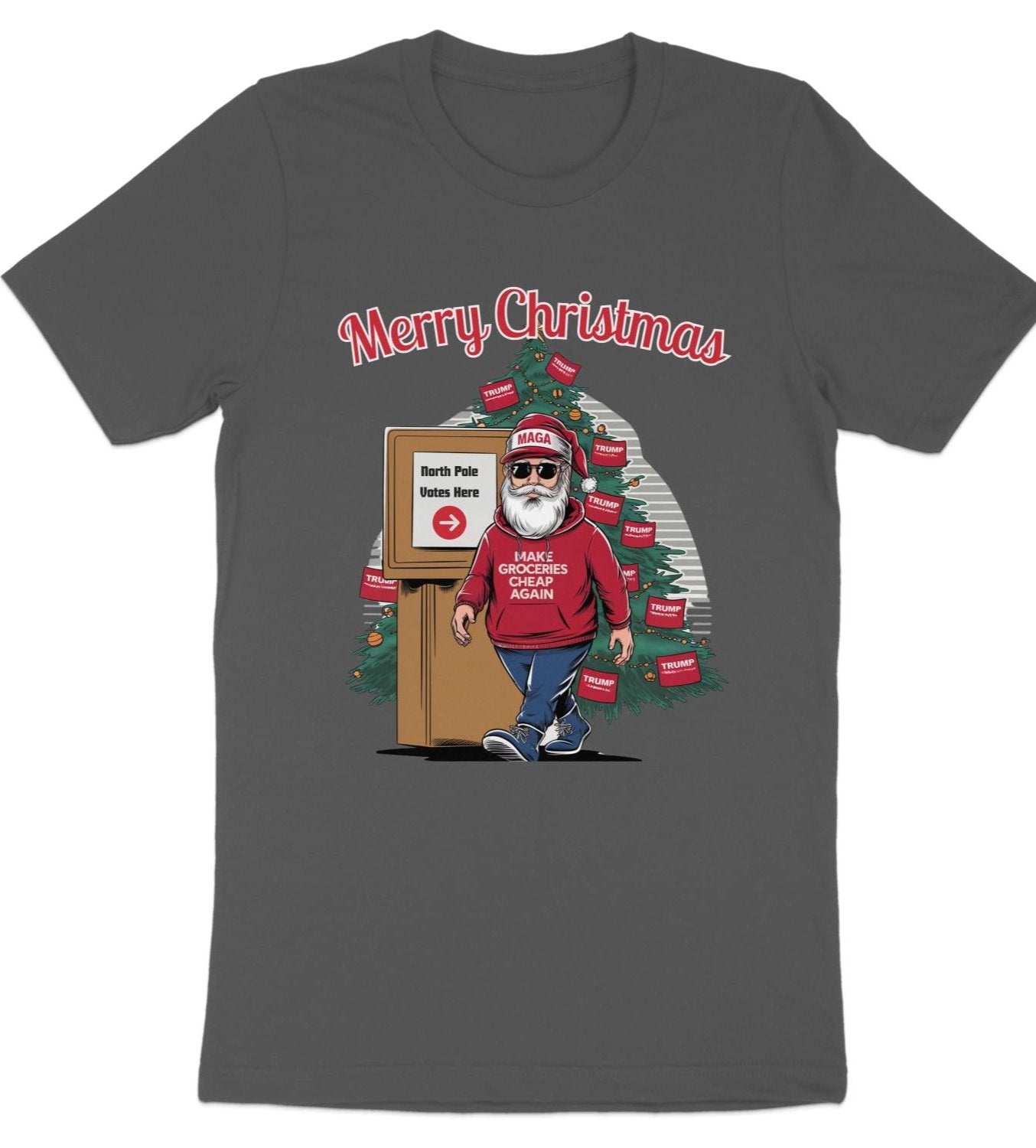 Funny Christmas Santa Sweatshirt, North Pole Votes Holiday Hoodie, Make Groceries Cheap Again, Trump Election Xmas Shirt