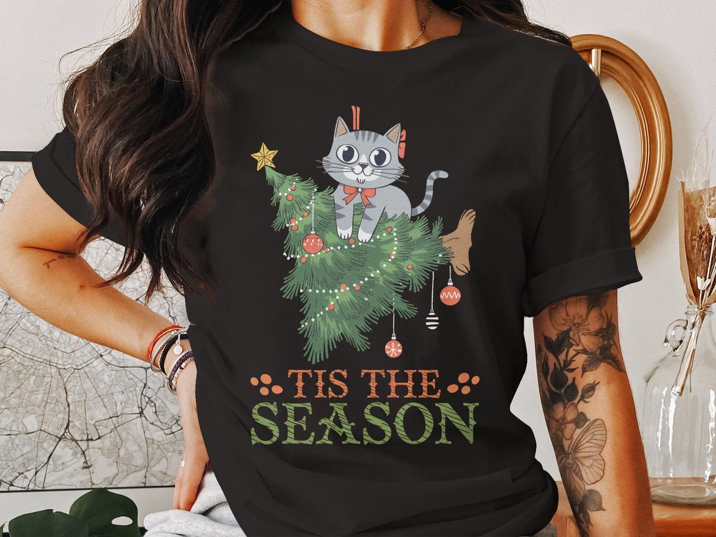 Cute Cat Christmas Sweatshirt, Tis The Season Holiday Sweater, Cozy Cat Tree, Perfect Gift Idea