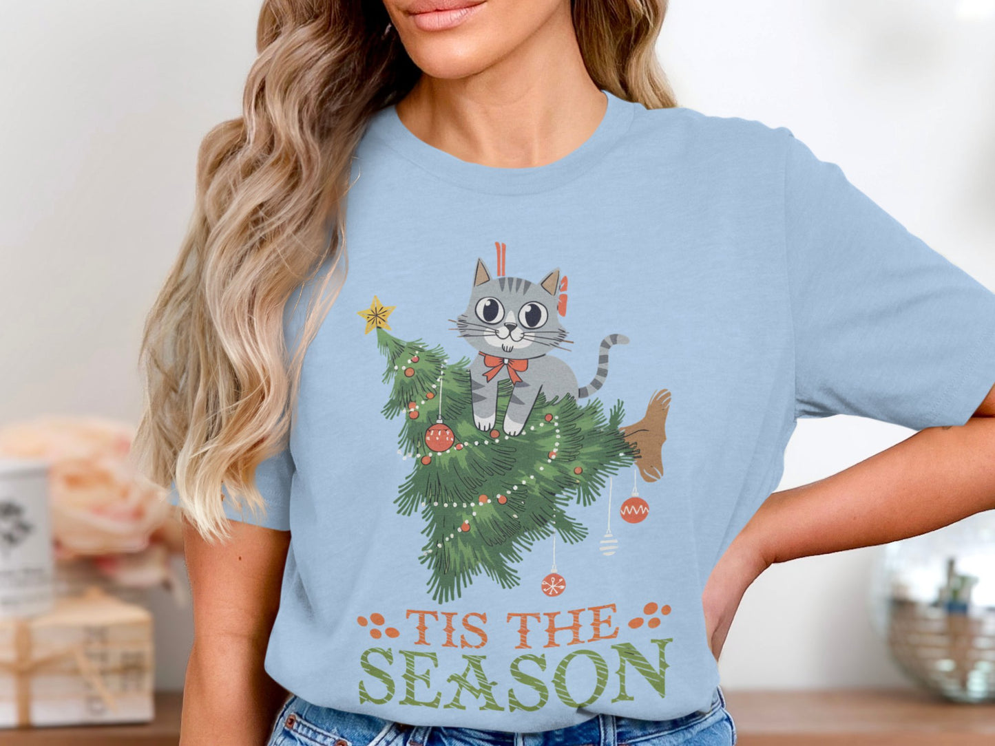 Cute Cat Christmas Sweatshirt, Tis The Season Holiday Sweater, Cozy Cat Tree, Perfect Gift Idea