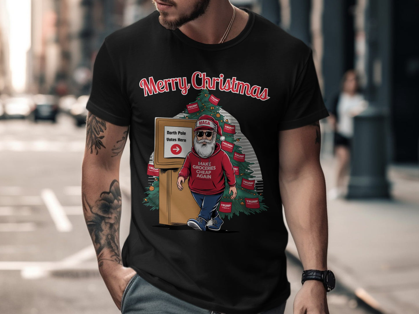 Funny Christmas Santa Sweatshirt, North Pole Votes Holiday Hoodie, Make Groceries Cheap Again, Trump Election Xmas Shirt