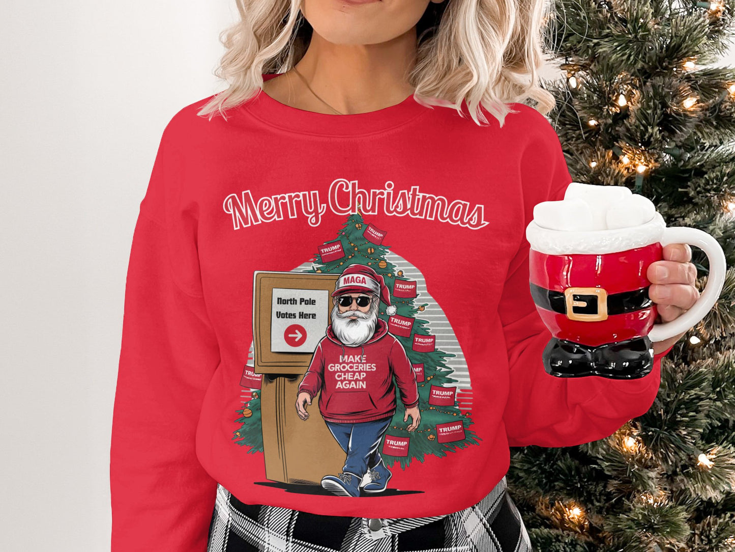 Funny Christmas Santa Sweatshirt, North Pole Votes Holiday Hoodie, Make Groceries Cheap Again, Trump Election Xmas Shirt