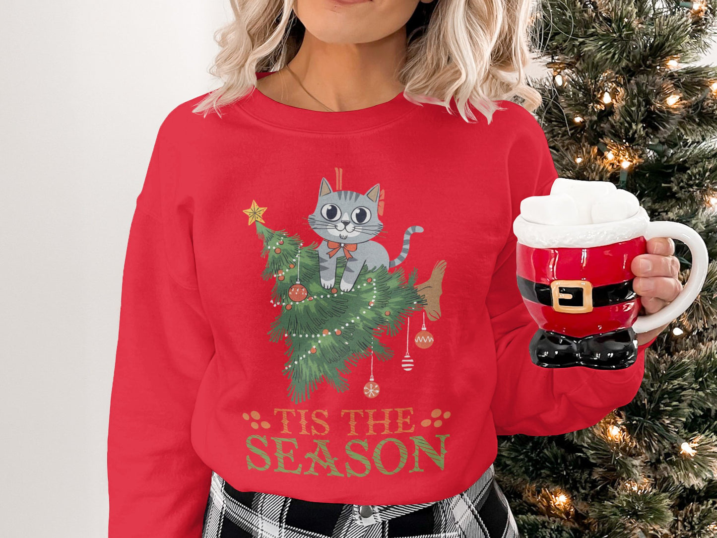 Cute Cat Christmas Sweatshirt, Tis The Season Holiday Sweater, Cozy Cat Tree, Perfect Gift Idea