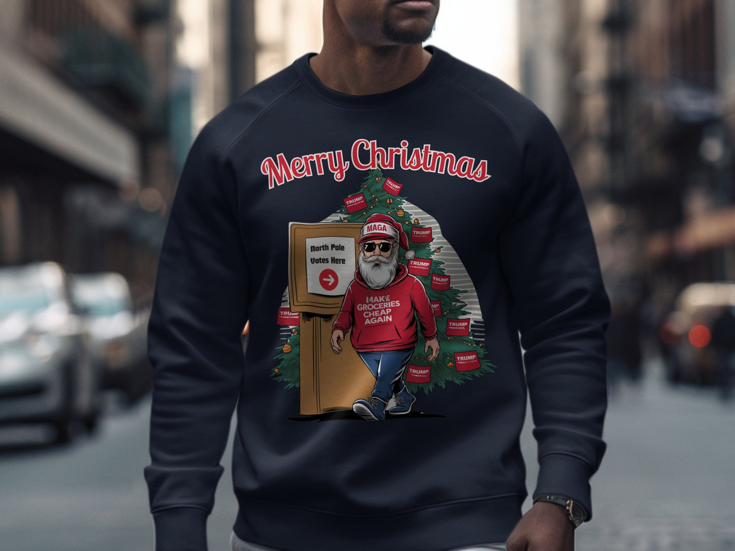 Funny Christmas Santa Sweatshirt, North Pole Votes Holiday Hoodie, Make Groceries Cheap Again, Trump Election Xmas Shirt