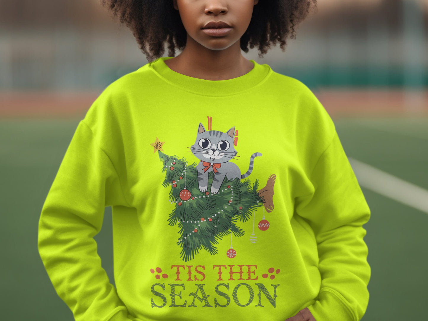 Cute Cat Christmas Sweatshirt, Tis The Season Holiday Sweater, Cozy Cat Tree, Perfect Gift Idea