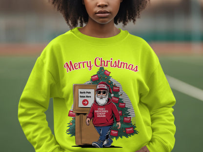 Funny Christmas Santa Sweatshirt, North Pole Votes Holiday Hoodie, Make Groceries Cheap Again, Trump Election Xmas Shirt