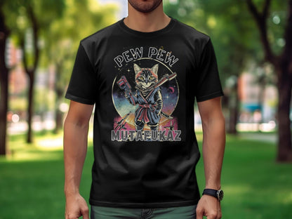 Cat Ninja Samurai T-Shirt, Pew Pew MUTAFUKAZ Graphic Tee, Cosmic Kitty Warrior, Funny Cat Lover Gift, Unisex Apparel