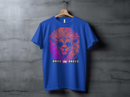 Neon Lion Graphic Tee, Rare Breed Slogan, Vibrant Animal Illustration, Unisex Fashion T-Shirt, Casual Streetwear, Cool Lion with Sunglasses