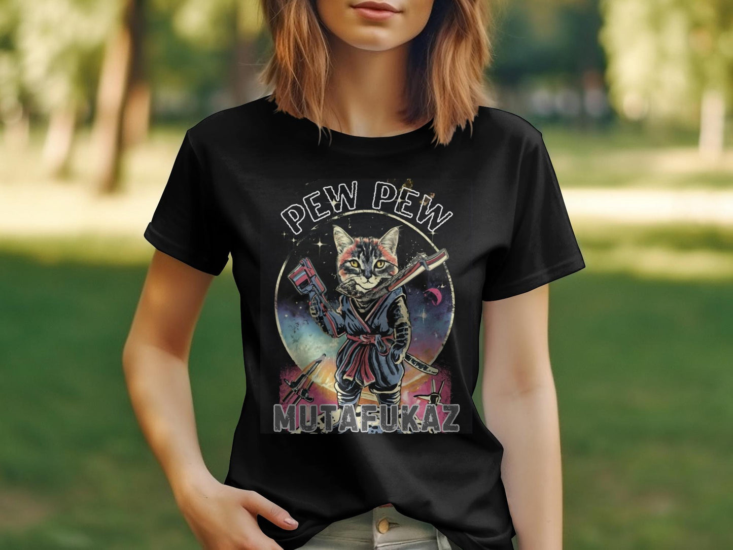 Cat Ninja Samurai T-Shirt, Pew Pew MUTAFUKAZ Graphic Tee, Cosmic Kitty Warrior, Funny Cat Lover Gift, Unisex Apparel