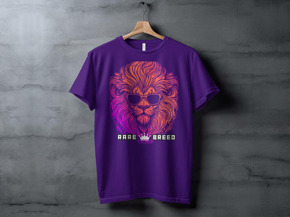 Neon Lion Graphic Tee, Rare Breed Slogan, Vibrant Animal Illustration, Unisex Fashion T-Shirt, Casual Streetwear, Cool Lion with Sunglasses