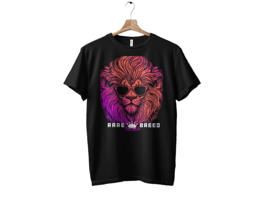 Neon Lion Graphic Tee, Rare Breed Slogan, Vibrant Animal Illustration, Unisex Fashion T-Shirt, Casual Streetwear, Cool Lion with Sunglasses