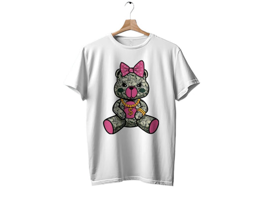 Cute Money Bear Graphic, Pink Bow Dollar Bear Design, Unique Graphic T-Shirt, Cute Bear Print Tees, Trendy Graphic Tee Gifts