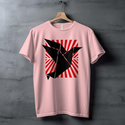 Origami Bird Art T-Shirt, Unique Geometric Design, Red Sunburst Background, Modern Graphic Tee, Contemporary Fashion Statement