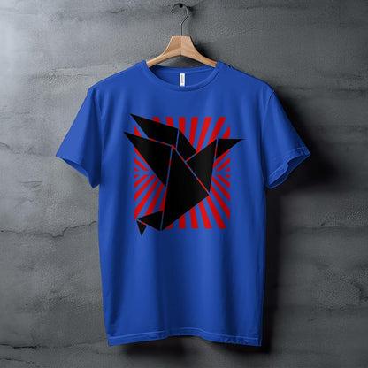 Origami Bird Art T-Shirt, Unique Geometric Design, Red Sunburst Background, Modern Graphic Tee, Contemporary Fashion Statement