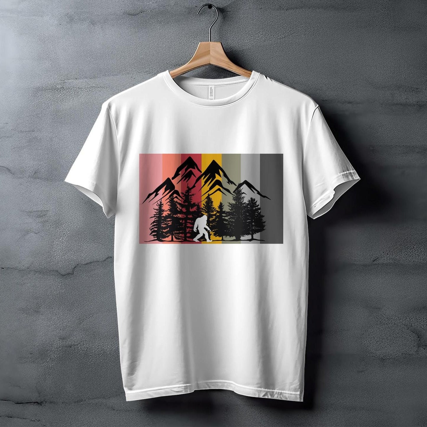 Bigfoot Retro Forest T-Shirt, Vintage Sasquatch Graphic Tee, Retro Mountains and Trees Design, Big Foot Lover Gift, Mythical Creature Shirt