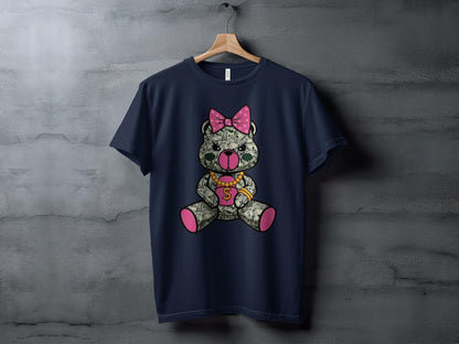 Cute Money Bear Graphic, Pink Bow Dollar Bear Design, Unique Graphic T-Shirt, Cute Bear Print Tees, Trendy Graphic Tee Gifts