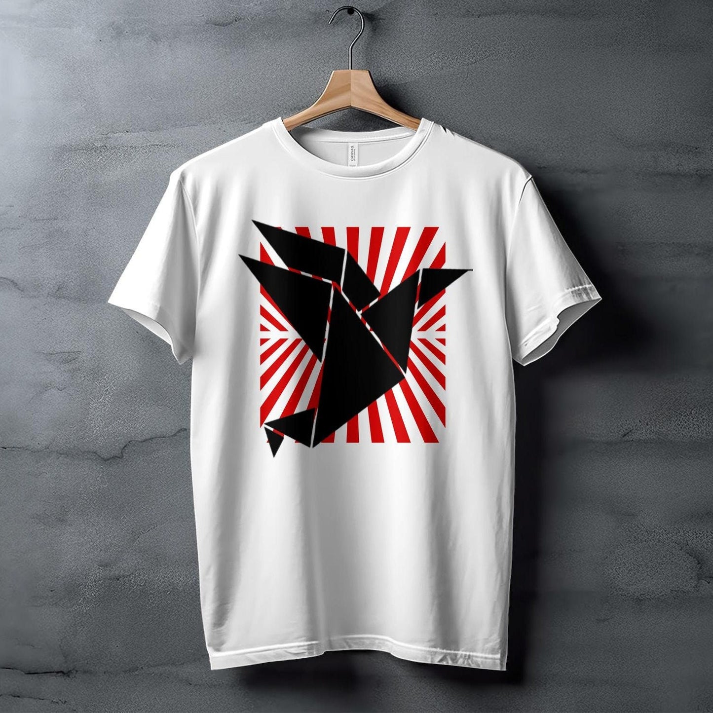 Origami Bird Art T-Shirt, Unique Geometric Design, Red Sunburst Background, Modern Graphic Tee, Contemporary Fashion Statement