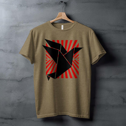 Origami Bird Art T-Shirt, Unique Geometric Design, Red Sunburst Background, Modern Graphic Tee, Contemporary Fashion Statement