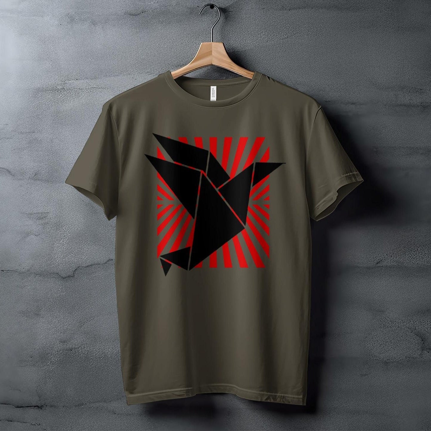 Origami Bird Art T-Shirt, Unique Geometric Design, Red Sunburst Background, Modern Graphic Tee, Contemporary Fashion Statement