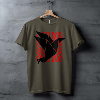 Origami Bird Art T-Shirt, Unique Geometric Design, Red Sunburst Background, Modern Graphic Tee, Contemporary Fashion Statement