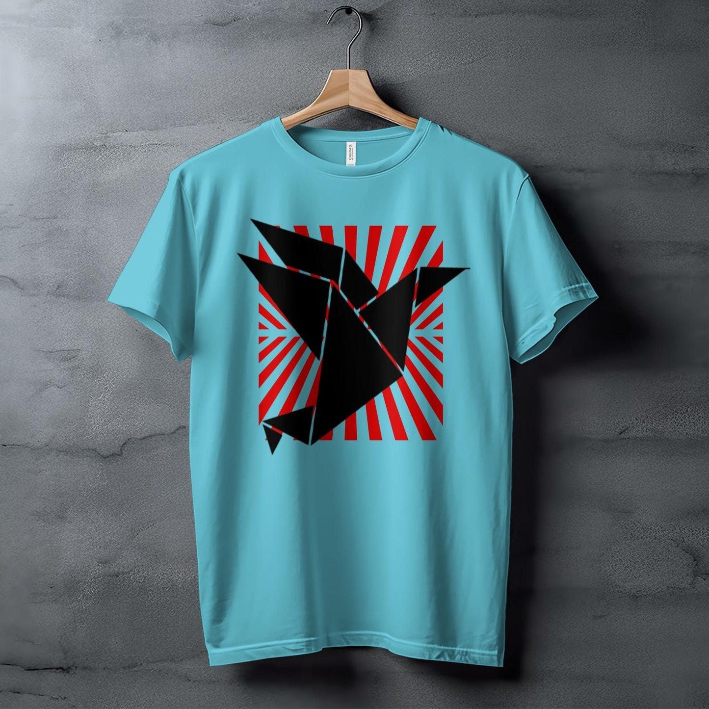 Origami Bird Art T-Shirt, Unique Geometric Design, Red Sunburst Background, Modern Graphic Tee, Contemporary Fashion Statement