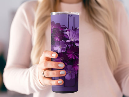 Purple Floral Design Tumbler, Elegant Flower Print Tumbler, Floral Tumbler for Drinks, Unique Insulated Gift Tumbler, Artistic Tumbler