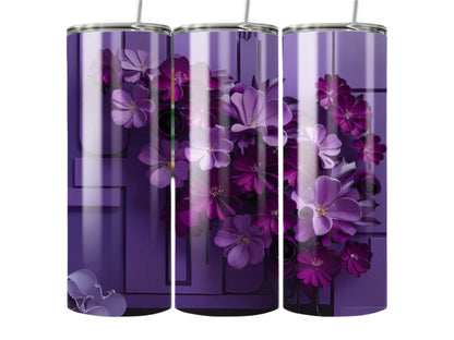 Purple Floral Design Tumbler, Elegant Flower Print Tumbler, Floral Tumbler for Drinks, Unique Insulated Gift Tumbler, Artistic Tumbler